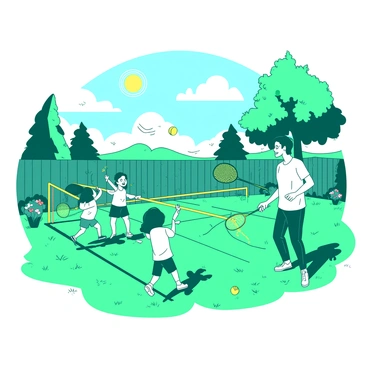 A teal family is playing badminton together in their backyard under a bright sun. The backyard is filled with lush green grass, and there are colorful flowers bordering the area. A yellow badminton net is set up in the middle, with a yellow shuttlecock flying through the air towards a family member. One parent is swinging a badminton racket while the other is cheering, both showing expressions of joy. The children are eagerly waiting to take their turns, one child is jumping excitedly while holding a racket. In the background, there is a wooden fence and a few trees providing shade.