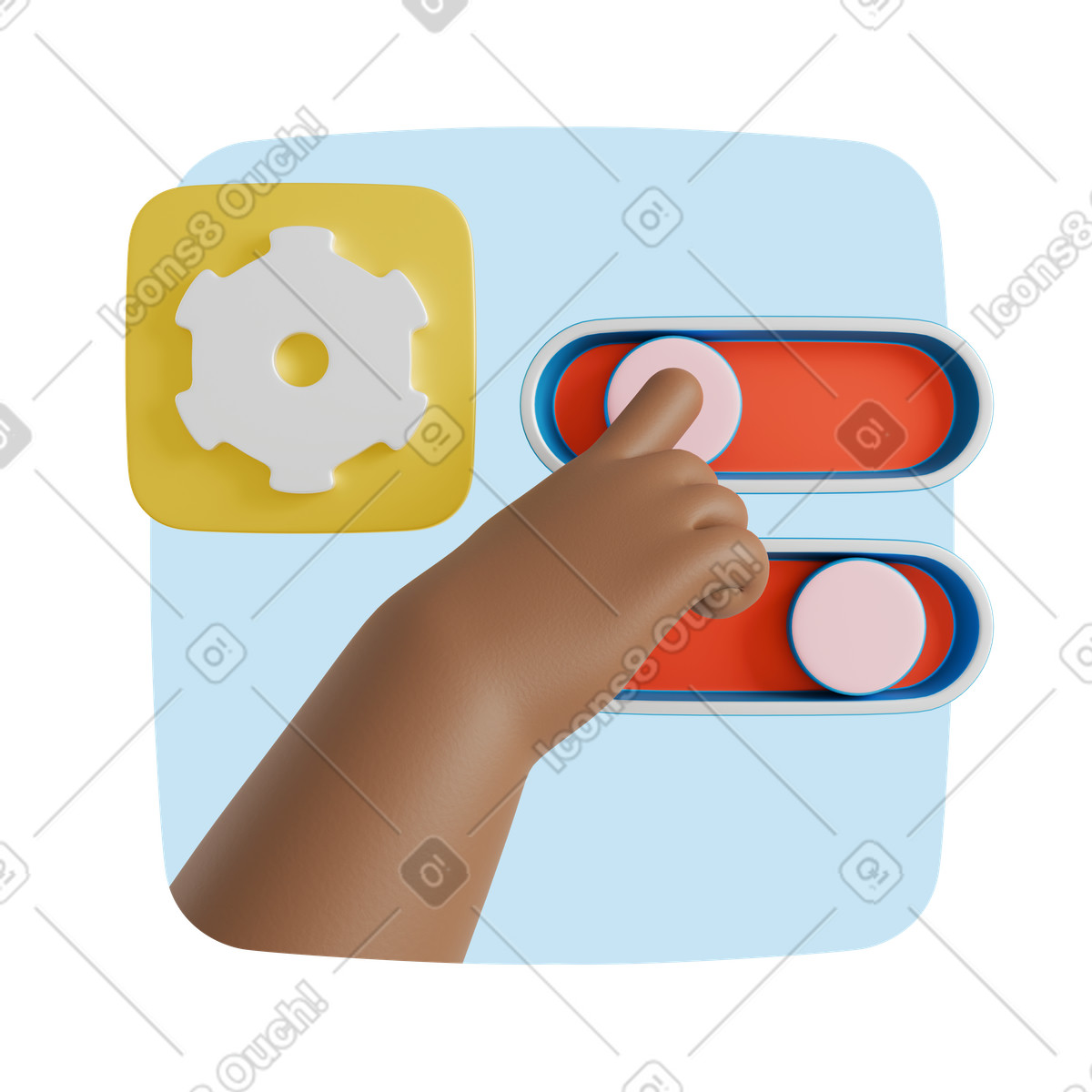 Gear icon with hand toggling switches, App settings access illustration in 3D Kindy style download in PNG, SVG
