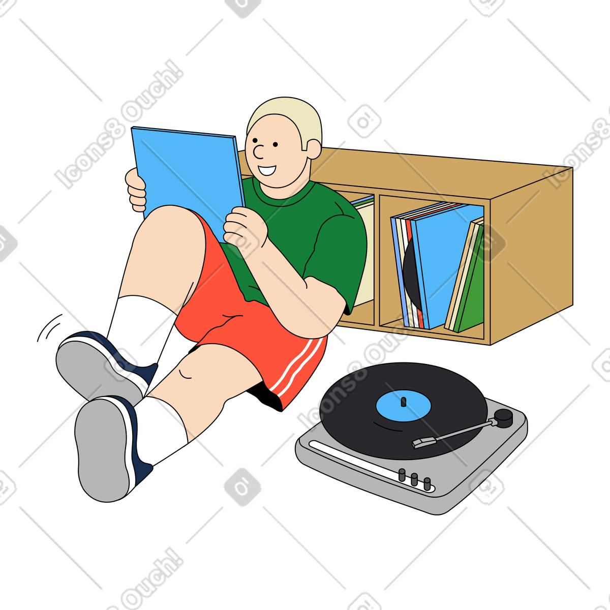 Young man listening to music on a vinyl record player illustration in Kindy style download in PNG, SVG