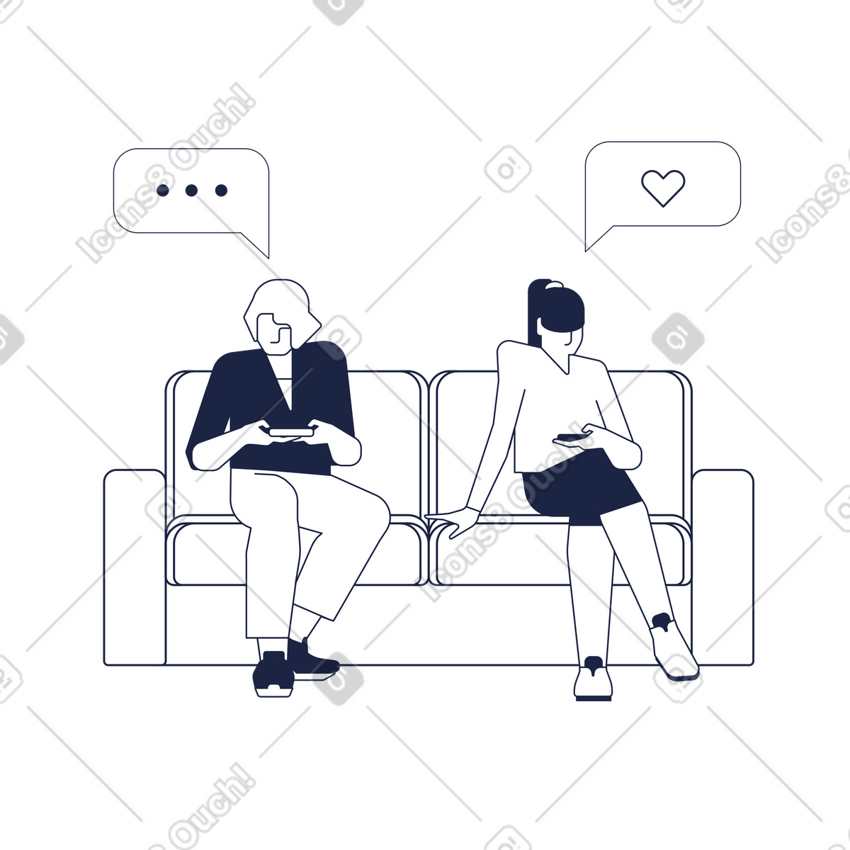 下载 Urban Line 风格的 People texting on couch with chat bubbles, Modern social interaction and digital communication 插画，支持 PNG、SVG 格式