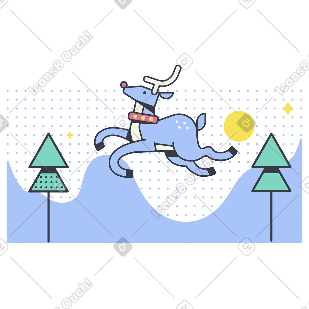 Playful deer jumping in winter landscape, Holiday greeting card illustration in Abstract style download in PNG, SVG