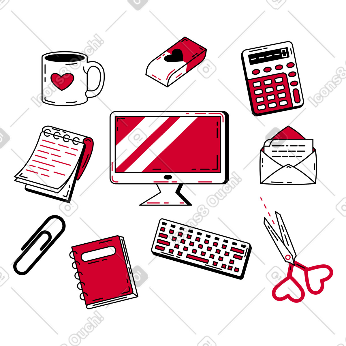 Office items with computer and stationery illustration in Ruby style download in PNG, SVG