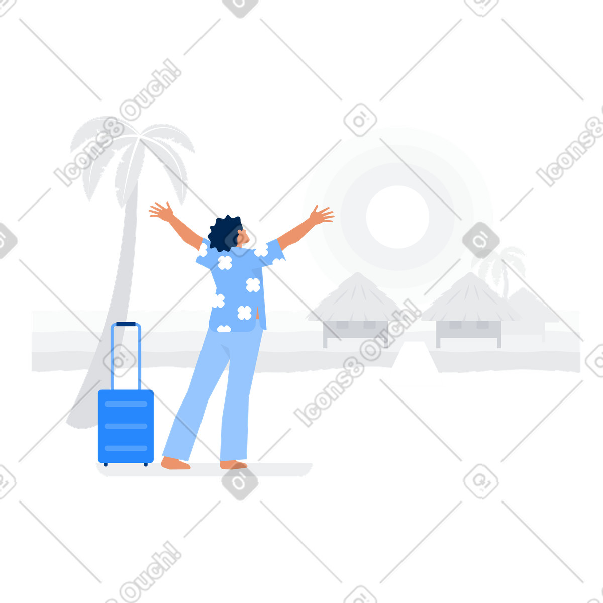 Man in Hawaiian shirt with suitcase on background of ocean, palm trees and beach houses illustration Urban style download PNG, SVG