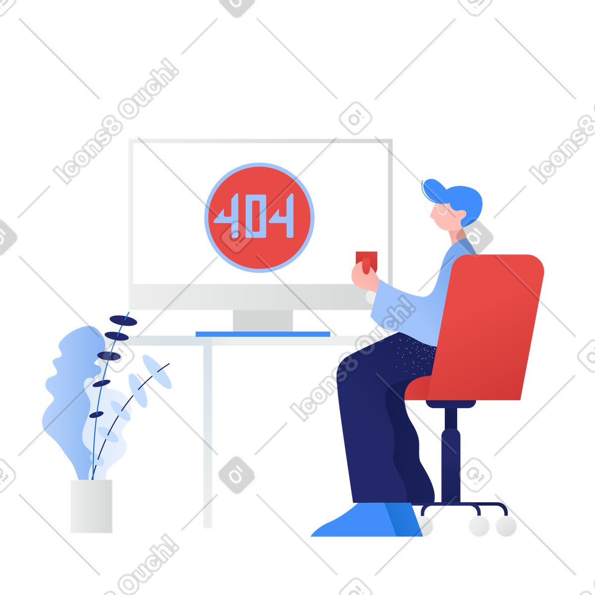 Uomo con gli occhiali che guarda l'errore 404 sul monitor illustrazione in stile Clip scarica in PNG, SVG