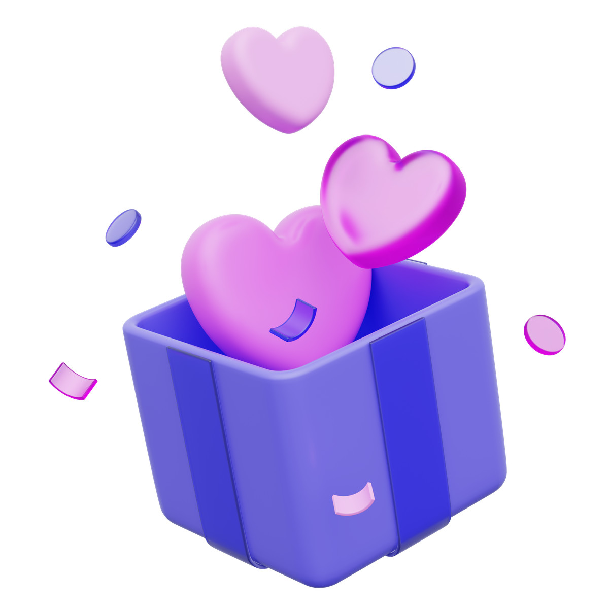 Open gift box with hearts, heart burst icon, romantic present symbol illustration in 3D Playful style download in PNG, SVG