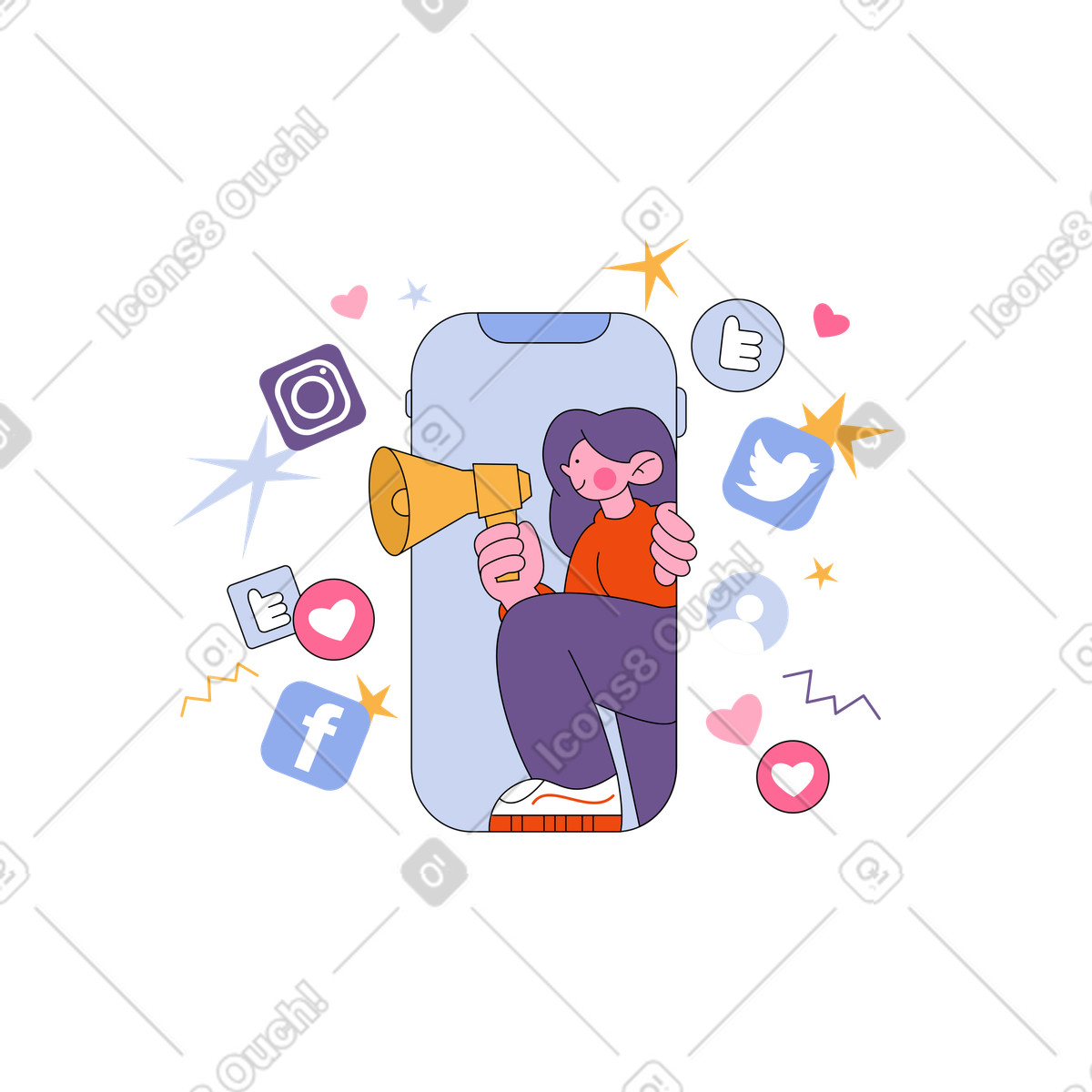 Ilustración animada Mujer con megáfono haciendo marketing en redes sociales estilo Bloom a descargar GIF, Lottie (JSON), AE