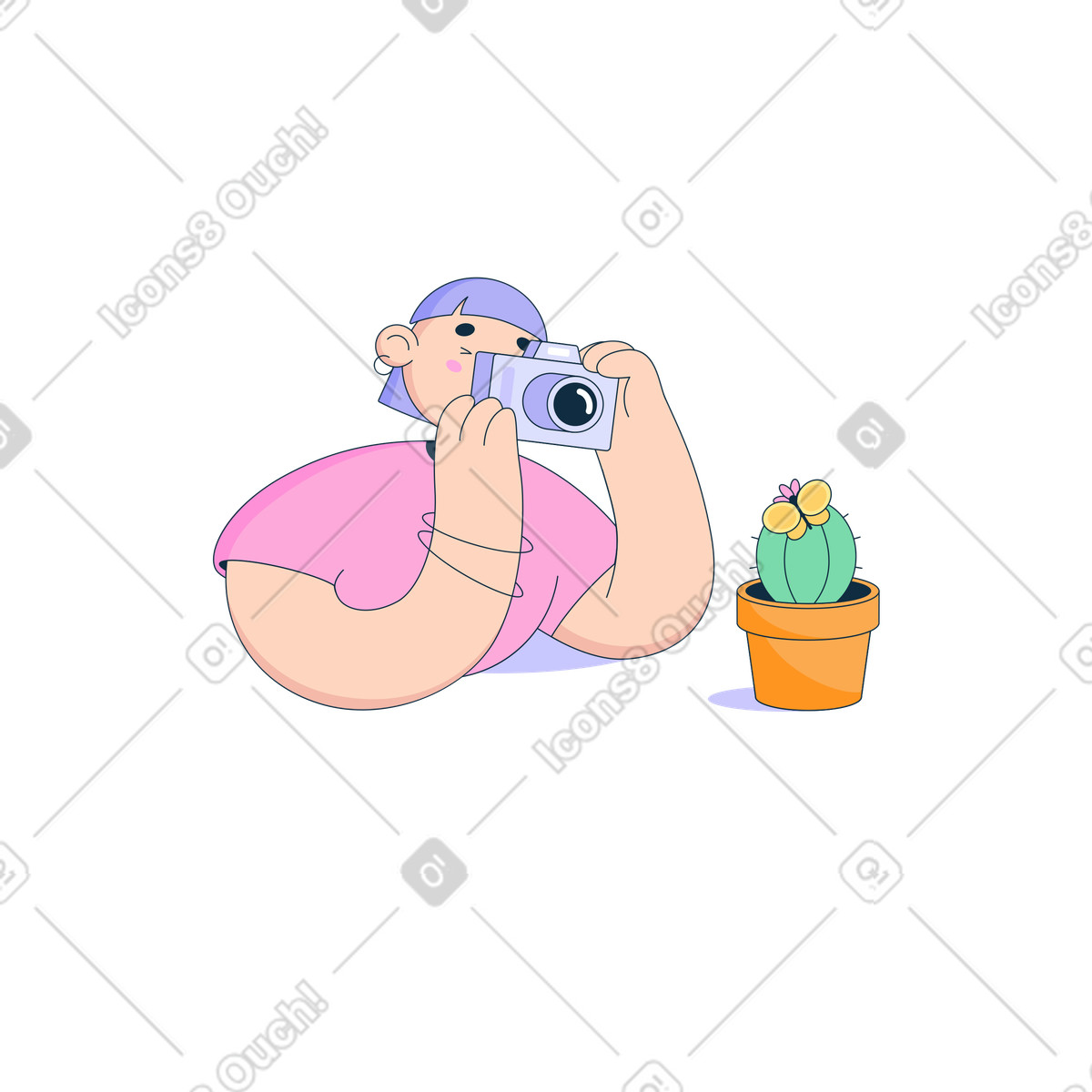 Ilustração de Mulher fotografa uma borboleta em flor no estilo Bubble gum para baixar PNG, SVG