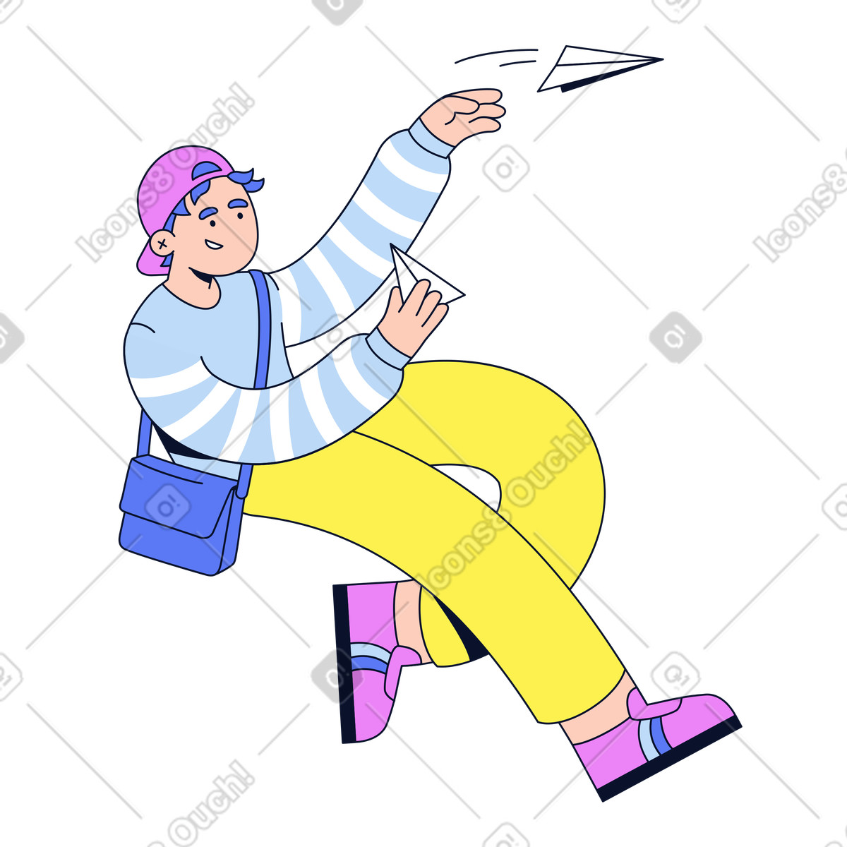Ilustración Cartero enviando cartas con aviones de papel en estilo Flexy a descargar en PNG y SVG