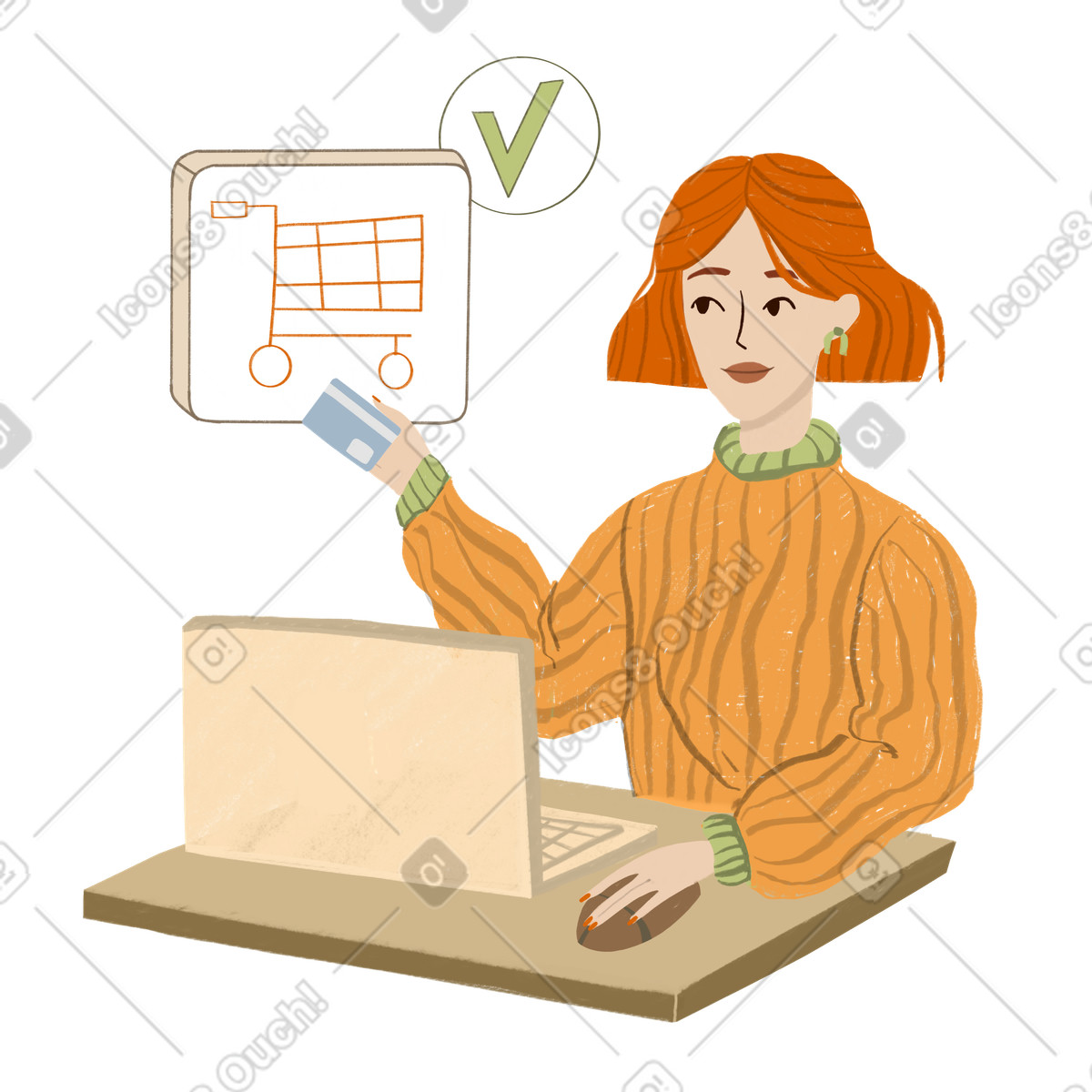 Girl with a laptop paying online-Illustration im Lumiere-Stil als Download in PNG, SVG