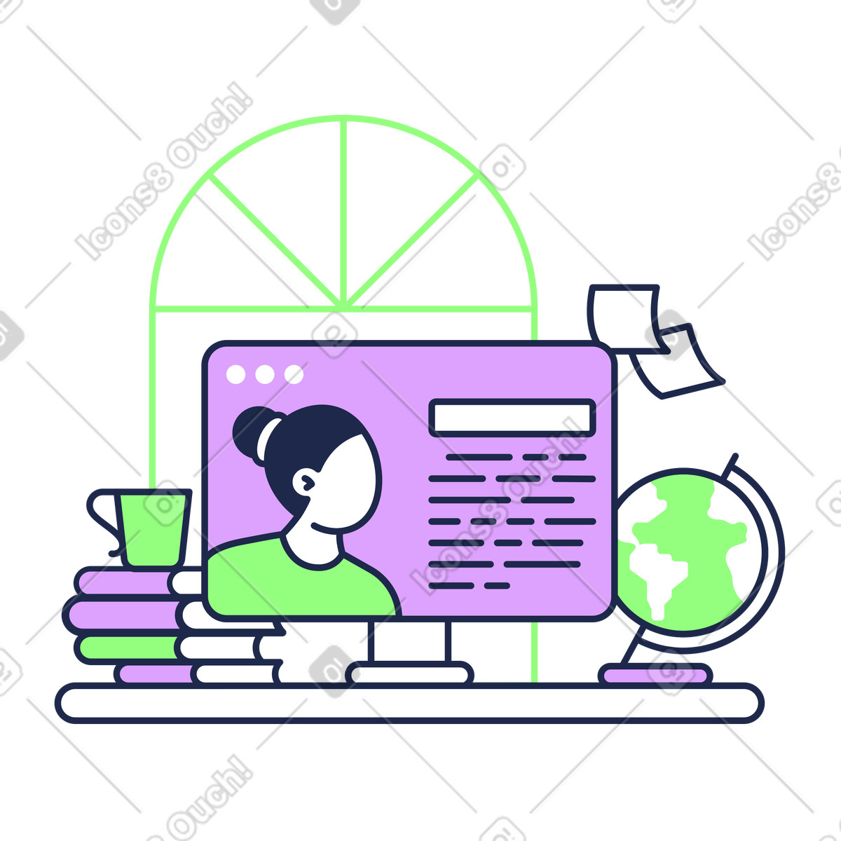 Online teacher on screen with books and globe, Digital classroom and distance learning illustration in Outline style download in PNG, SVG