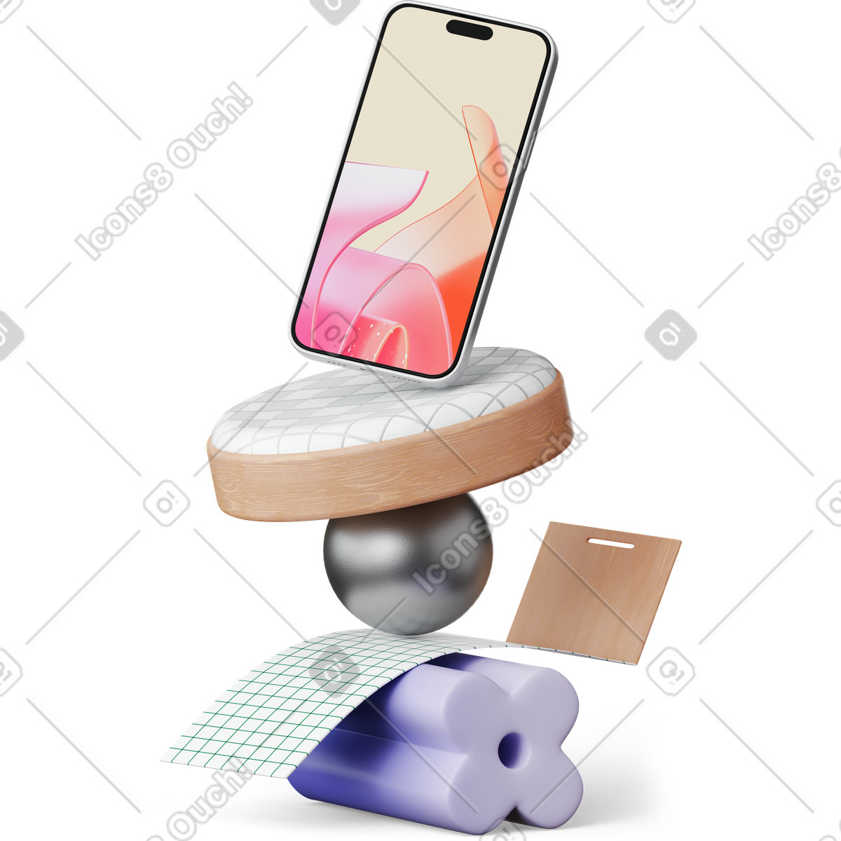 Smartphone standing on abstract shapes illustrazione in stile 3D Hygge scarica in PNG, SVG