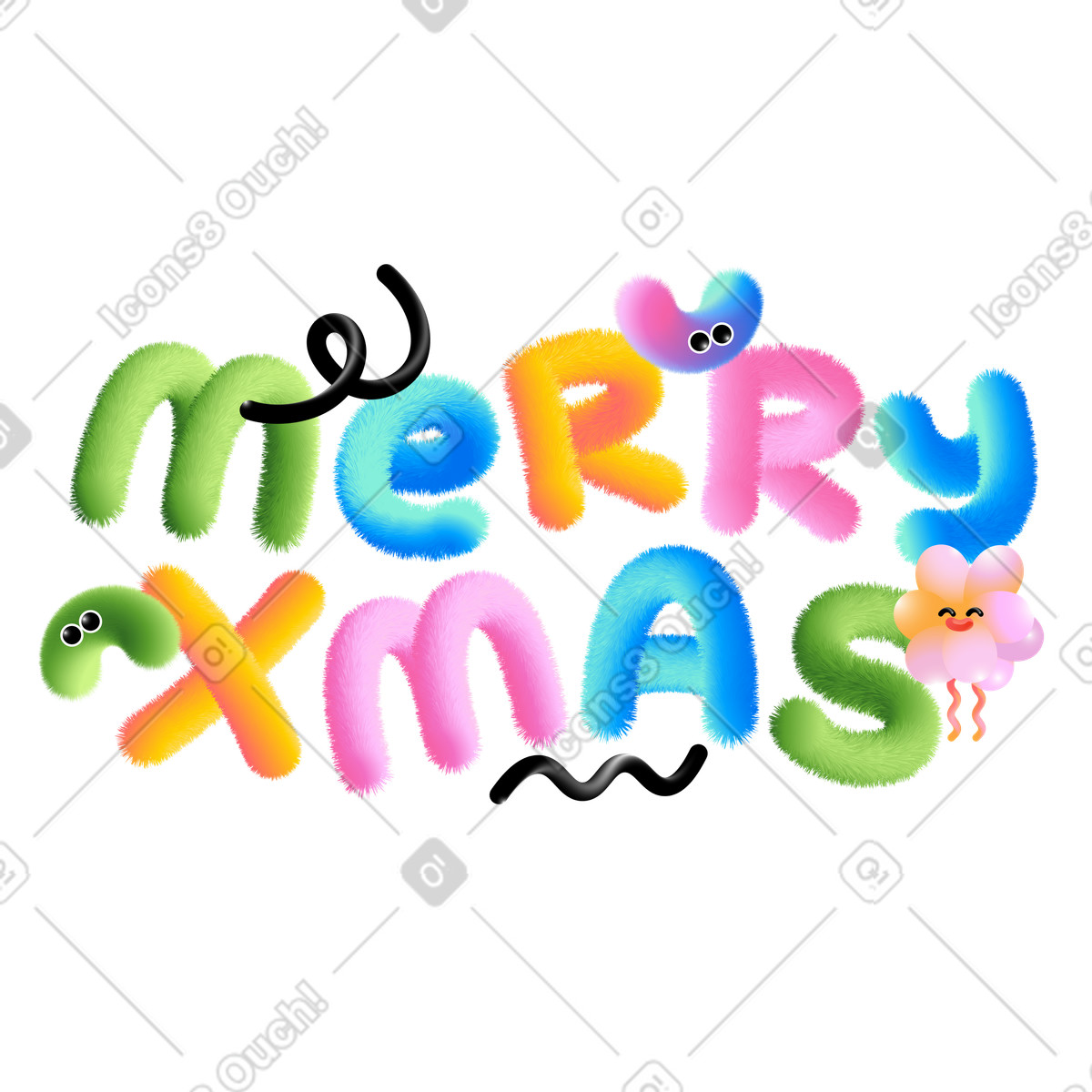 Lettering Merry Xmas with decorative elements text illustration in Puffy style download in PNG, SVG
