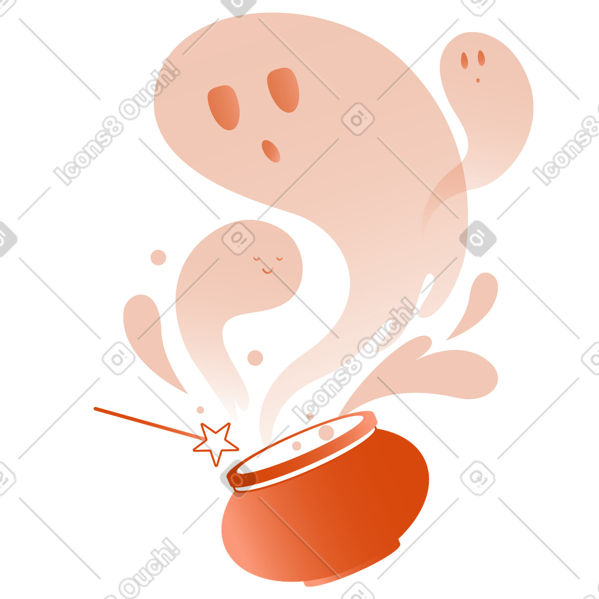 Halloween ghosts flying out of a cauldron illustration in Orange style download in PNG, SVG