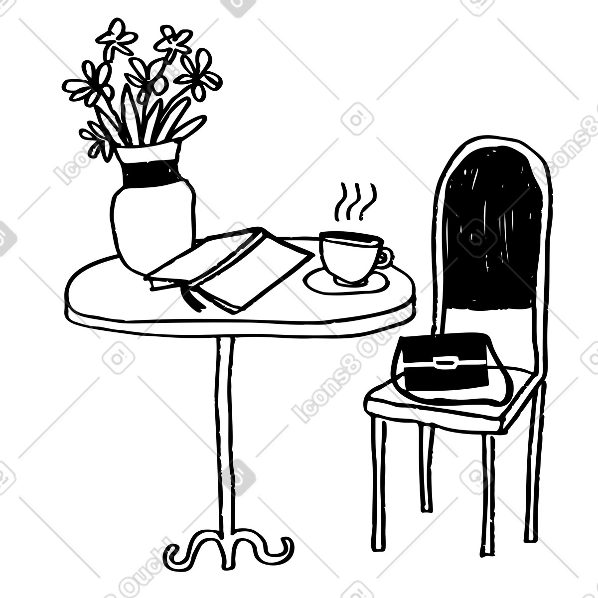 Illustration Table de café avec un vase, livre et une tasse dans le style Marks à télécharger aux formats PNG, SVG