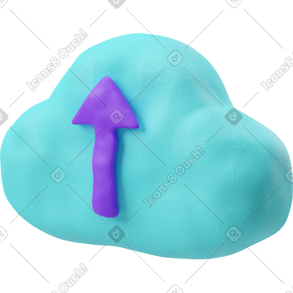 Three-quarter view of an upload cloud icon illustration in 3D Plastilina style download in PNG, SVG