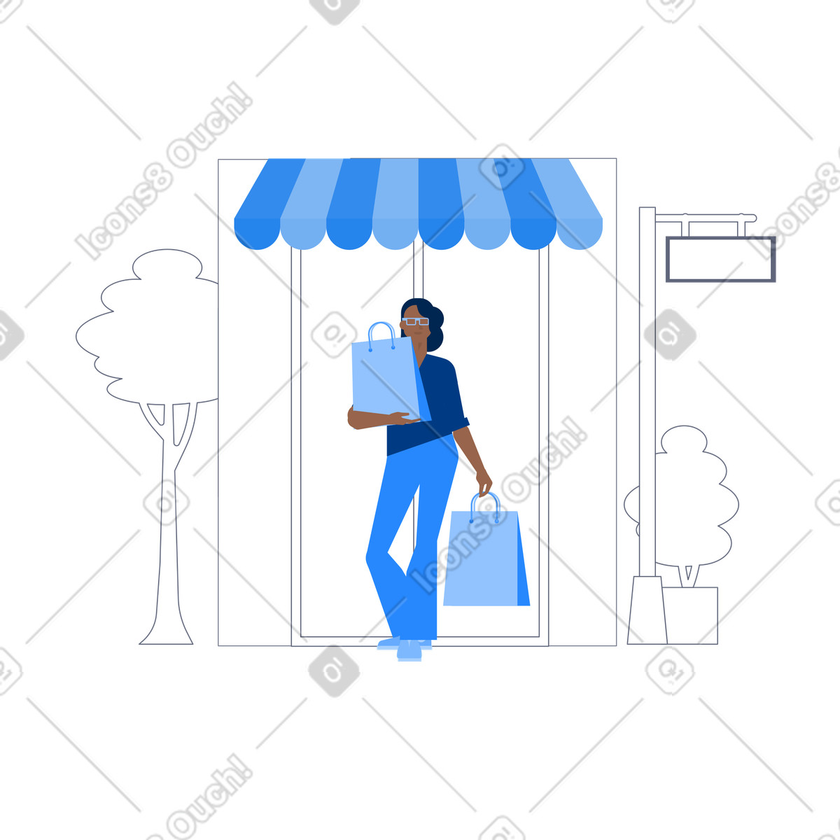 Urban スタイルの 買い物袋を持って店を出る女性 のイラストをPNG、SVG形式でダウンロード