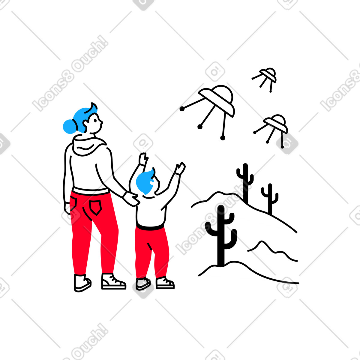 Illustration Femme et enfant regardant des ovnis s'envoler dans le style Transistor à télécharger aux formats PNG, SVG
