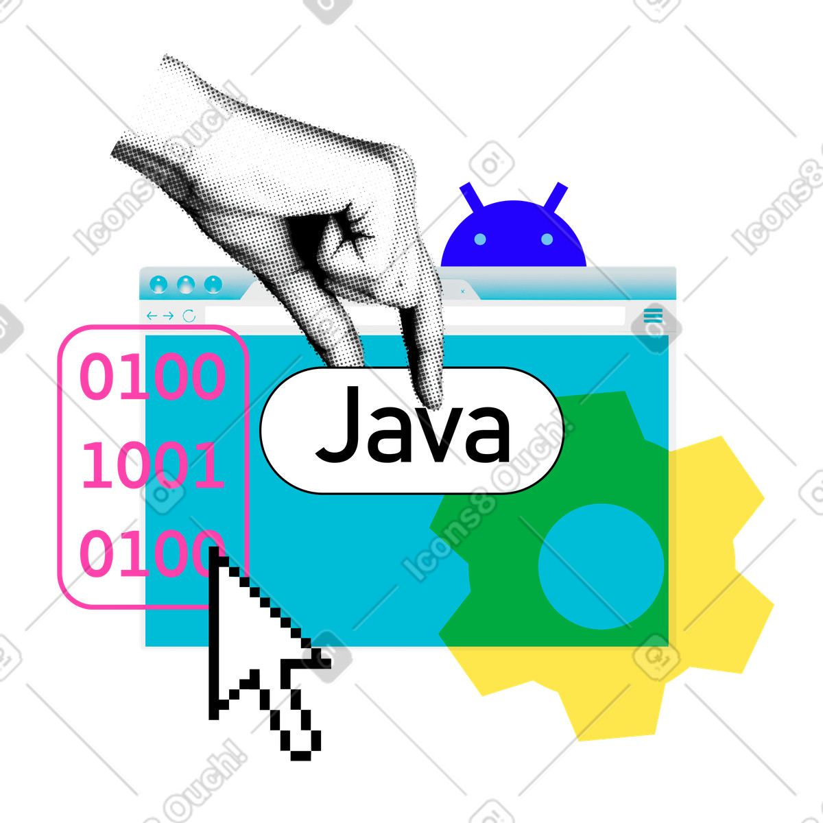 Web development with android and binary code illustration in PNG, SVG