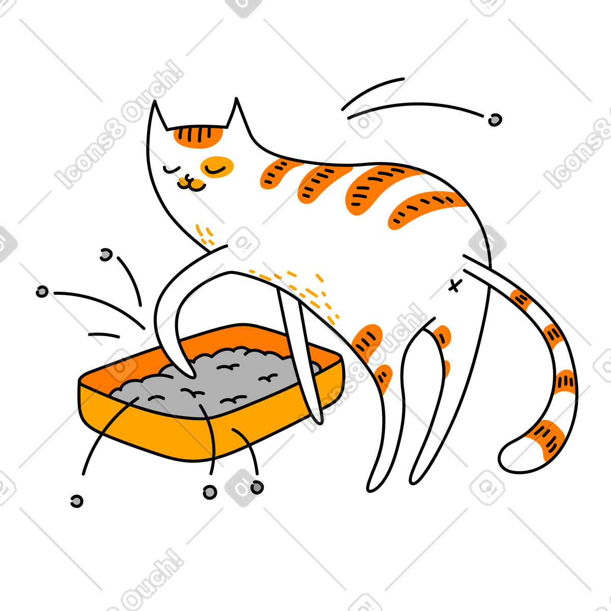 Smiling cat with orange stripes covering poop illustration in Purr style download in PNG, SVG