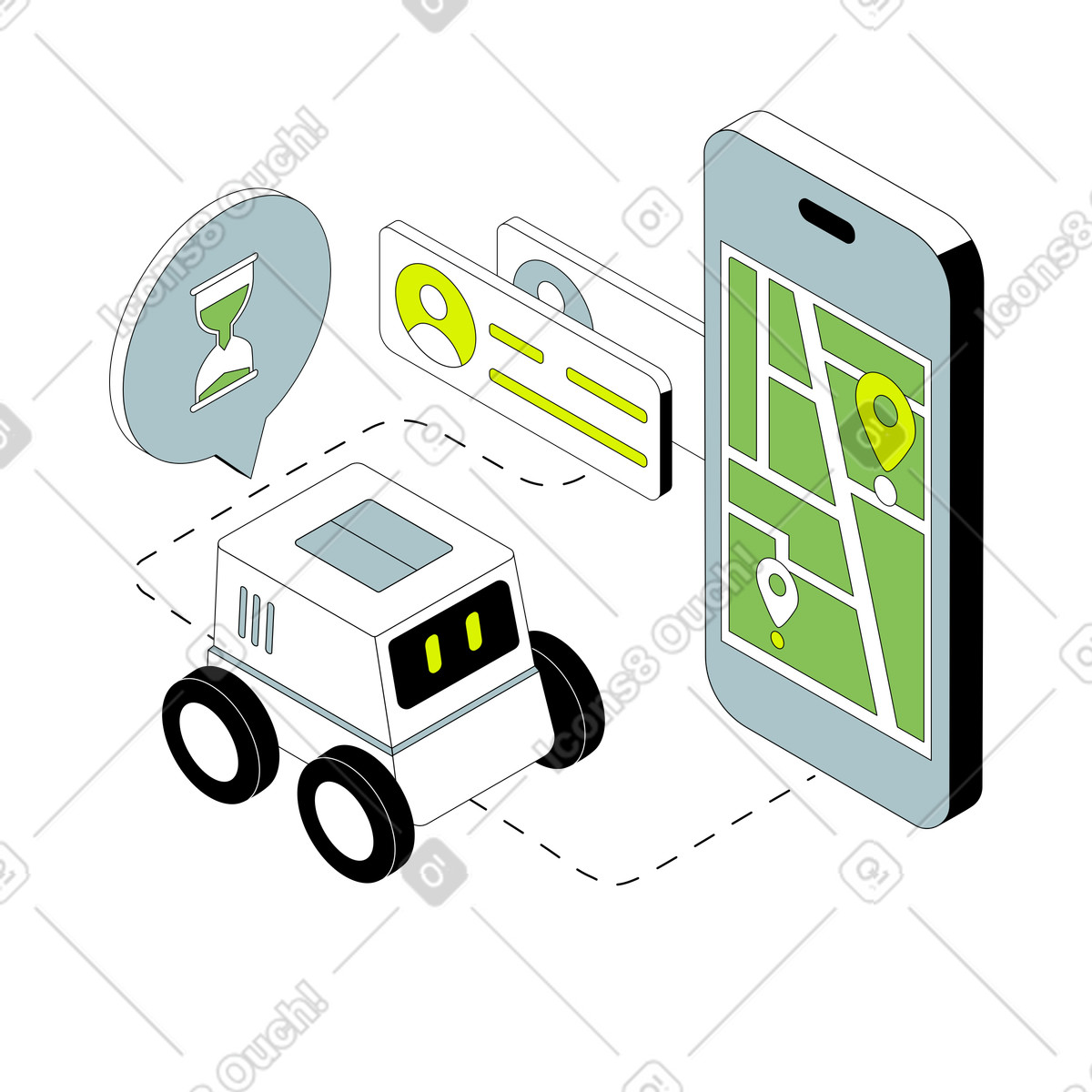 Ilustración animada Autonomous robot and mobile navigation, Last mile logistics solution en estilo Isometric a descargar en GIF, Lottie (JSON), AE