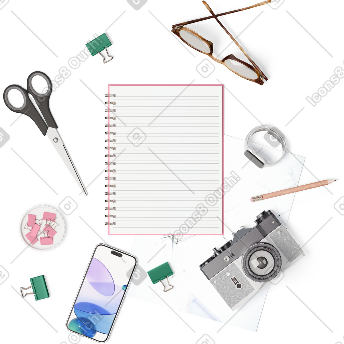 Vista dall'alto di notebook, smartphone, fotocamera, occhiali, smartwatch e forbici illustrazione in stile 3D Hygge scarica in PNG, SVG