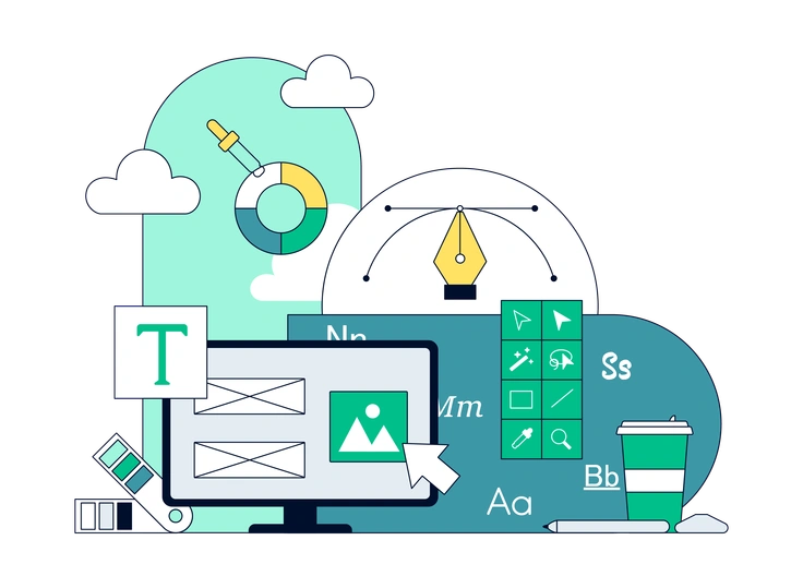 Design tools and elements on a computer screen - Teal style illustration