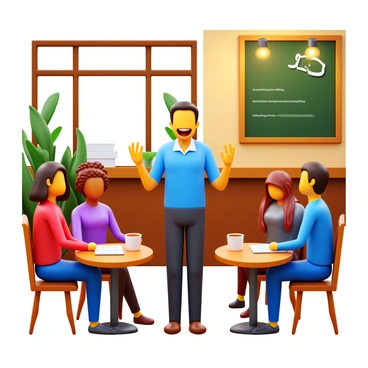 A language coach standing in front of a group of engaged students at a café. The coach has a friendly smile and is gesturing animatedly while speaking. The students, a diverse group of individuals, are seated at small round tables with cups of coffee and notebooks. The cozy café has warm lighting, wooden furniture, and a chalkboard displaying the day's special. There are plants in the background and the sound of chatter fills the air, creating an inviting atmosphere.