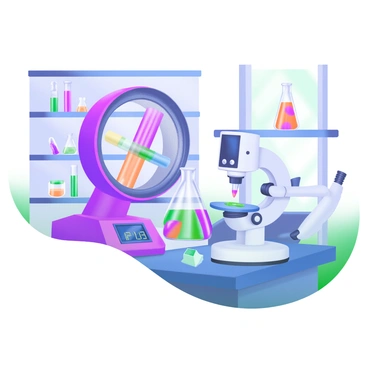 A modern pastel illustration showcasing various lab instruments in action. The image features a centrifuge spinning with colorful test tubes inside, alongside a spectrophotometer with a digital display. There are additional elements like pipettes, beakers filled with vibrant liquids, and a microscope on a lab countertop. The background includes shelves stocked with lab supplies, and light streams in from a nearby window, illuminating the instruments.
