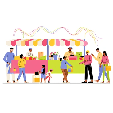 A bustling market scene filled with colorful stalls. Each stall displays various fruits and vegetables, such as vibrant red tomatoes, bright yellow bananas, and green cucumbers. People of different ages and backgrounds move through the market, some carrying bags filled with groceries. A vendor behind a stall is smiling while selling bright flowers. Children are playing nearby, creating a lively atmosphere. In the air are illustrated sound waves, represented by colorful lines and patterns, symbolizing the noise and chatter of the crowd.