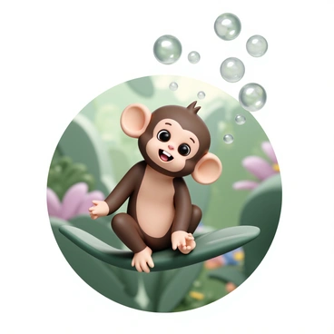 A small monkey, with a soft brown fur and big round eyes, is sitting on a leafy branch. Its mouth is slightly open as it blows bubbles into the air, creating several shiny, translucent spheres that reflect light. The monkey has a delighted expression, showcasing its small teeth, and its ears are perked up with excitement. The background features a lush green environment, with hints of colorful flowers and dappled sunlight filtering through the leaves.
