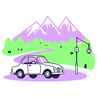 A white car is parked along a winding road with its windshield facing a scenic mountain view. The mountains in the background are steep and rugged, showcasing peaks that rise sharply into the sky. Below the mountains, a vibrant green valley stretches, dotted with patches of trees. The sunlight filters through the trees, casting shadows on the ground. Inside the car, the dashboard is visible, with a steering wheel and a few colorful air fresheners hanging from the rearview mirror. The scenery outside the windshield highlights the beauty of nature and the vastness of the landscape.