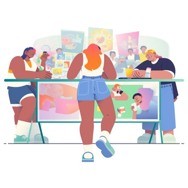 A woman with tanned skin and long orange hair is standing at a table, interacting with fans at an art event. She is wearing a white tank top and denim shorts. In front of her, there are several colorful illustrations displayed on the table. Some fans are eagerly looking at her artwork, while others are taking notes on tips she is sharing. The background features banners with artistic designs and a crowd of people engaged in various activities, creating a lively atmosphere. A few art supplies like markers and sketchbooks are scattered on the table.