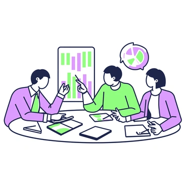 A group of investors is seated around a round table engaged in a discussion. The table is cluttered with various charts and graphs, some printed on paper and others displayed on tablets. Each investor has a notepad and pen, taking notes as they talk. One investor is pointing at a bar graph that has distinct sections, while another is holding a pie chart, leaning in to share insights. Two investors are listening attentively, nodding in agreement. The atmosphere around the table is focused and dynamic, with intense expressions reflecting the seriousness of their discussion.