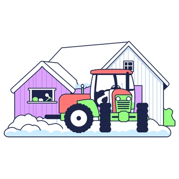 A red tractor is parked beside a barn, covered in a layer of snow. The tractor has large, sturdy tires and a detailed front grill. The barn is made of wood, featuring a sloped roof and a weathered appearance. Snow blankets the ground, creating a smooth, white surface. The barn's door is partially open, revealing some farming equipment inside. In the background, there are snow-covered hills that add to the winter scene.