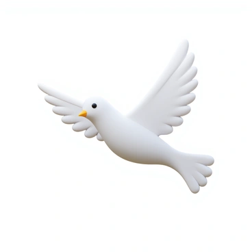 A peaceful white dove in mid-flight against a blank white backdrop