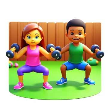 Two siblings performing dumbbell squats together in their backyard. One sibling, a girl with long brown hair, holds a pair of dumbbells with a determined expression. The other sibling, a boy with short black hair, matches her effort, also holding a dumbbell. They are both wearing sporty workout attire. The backyard features a lush green lawn, a few colorful flower patches, and a wooden fence in the background. Bright sunlight casts soft shadows on the ground, highlighting their focused movements.
