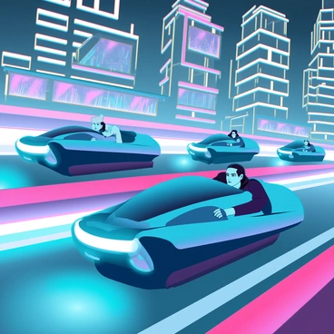 A high-speed race featuring multiple sleek hover cars with aerodynamic designs. The cars are racing through a neon-lit cityscape, with bright neon signs and holographic advertisements illuminating the surroundings. The buildings are tall and modern, covered in reflective surfaces that create dynamic light patterns. The racers are concentrated, their expressions showing determination as they navigate sharp turns and boost ahead. Flashes of light from the cars' exhausts trail behind them, emphasizing their speed. The pavement below shimmers, reflecting the vibrant colors of the neon lights above.