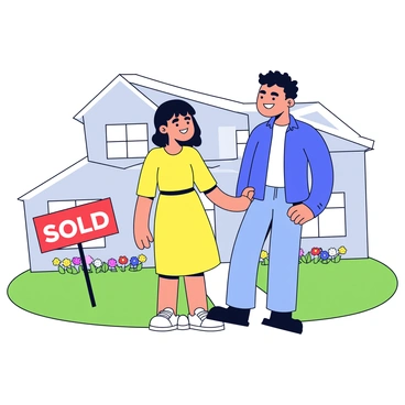 A couple is holding hands in front of a newly purchased house. The house is a modern two-story structure with a light gray exterior and white trim. A green lawn surrounds the home, and colorful flowers bloom along the walkway. In front of the house stands a 'Sold' sign with bold red letters. The couple appears happy and relaxed, smiling at each other. The woman is wearing a yellow dress, and the man is in a casual blue shirt with jeans.