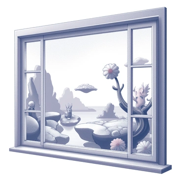 A window is positioned prominently within a wall, showcasing an expansive view of an imaginative dream world. The landscape beyond features floating islands, twisted trees, and unusual rock formations, creating a sense of surrealism. Different elements like oversized flowers and peculiar creatures are visible, all interacting in this vibrant scene. The frame of the window is intricately designed, enhancing the whimsical nature of the view it encloses.