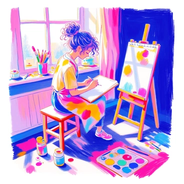 A young artist is seated on a wooden stool, focused on sketching in a notebook. She has curly hair tied up in a bun and wears a paint-splattered apron over a t-shirt. The notebook is open on her lap, revealing a partially completed drawing. Surrounding her on the floor are colorful art supplies, including a set of vibrant colored pencils, a few brushes, and tubes of paint. A small easel stands nearby, holding a blank canvas. Sunlight filters through a window, casting soft shadows on the scene.