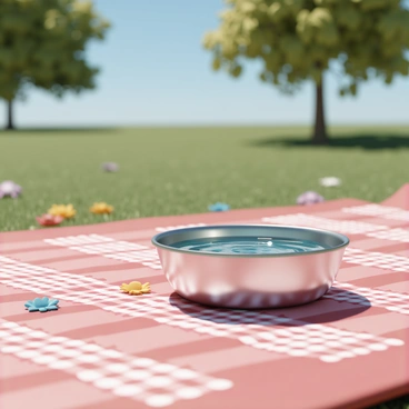 A metal dog bowl, shiny and reflecting light, is placed on a red and white gingham picnic blanket. The picnic blanket is spread out on the green grass of a sunny park. Sunlight casts soft shadows on the blanket, and a few colorful flowers are scattered nearby. In the background, there are trees with vibrant green leaves and a clear blue sky. The dog bowl is filled with fresh water, creating ripples at the surface.