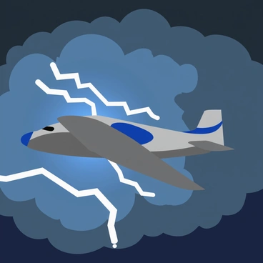 An Antonov plane flying through a tropical storm with lightning in the background