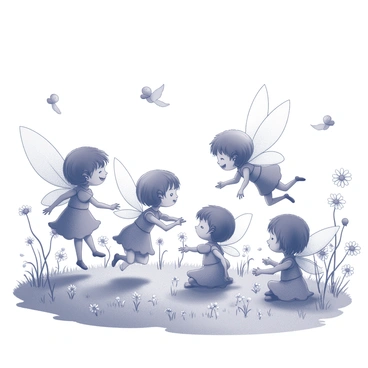 A group of small tooth fairies with delicate wings are engaged in playful activities in a lush meadow. The fairies are adorned with intricate outfits made of natural elements like petals and leaves. They are laughing and dancing among a variety of flowers, which include daisies and buttercups, creating a vibrant scene. Some fairies are flying above the ground, while others are sitting on the grass, interacting joyfully. The sunlight filters through the trees, casting soft shadows on the meadow.