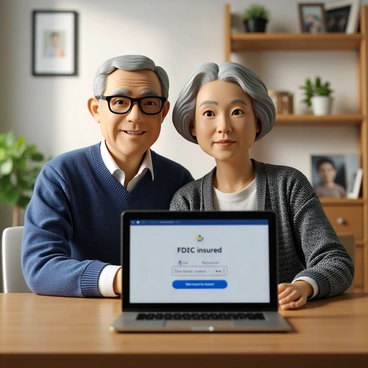 An elderly couple with gray hair, sitting together at a wooden table. The man is wearing a cozy blue sweater, and the woman is in a patterned cardigan. They both have bright smiles on their faces as they look at a laptop displaying their "FDIC-insured savings account" information. A warm light illuminates the scene, creating a cozy atmosphere. In the background, a small potted plant and a framed photo of their younger selves are placed on a shelf.