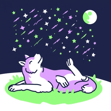 A grey wolf is lying on its back in a natural setting, its legs slightly bent and paws raised, looking up with a relaxed expression. The wolf's fur is detailed, showcasing its distinct grey and white patterns. Above, the sky is filled with numerous shooting stars, creating dynamic streaks of light across the dark background. The stars vary in length and brightness, adding a sense of movement to the scene. The moon is partially visible, casting a gentle glow that highlights the wolf. Surrounding the wolf, there is a soft patch of grass, creating a serene outdoor atmosphere.