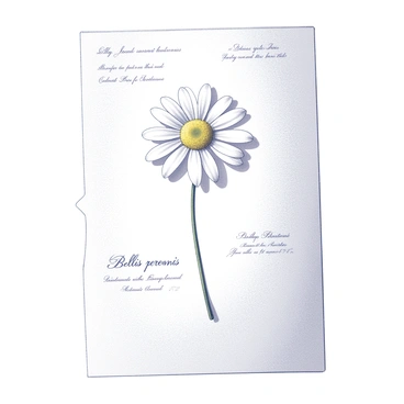 A herbarium page displaying a pressed daisy at the center. The daisy is depicted in a flat position, capturing its round white petals and yellow center. Detailed botanical annotations surround the flower, including the scientific name "Bellis perennis" written in elegant script. Additional notes detail the plant's habitat and flowering season. The background is plain, emphasizing the intricate details of the daisy and the annotations. Each element is carefully arranged to present a cohesive and informative layout.