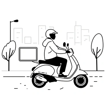A moped is parked on a street as dawn breaks, with soft light illuminating the scene. The moped has a delivery box attached to the back, and its rider is wearing a helmet and a weathered jacket. In the background, a city skyline is visible, shrouded in mist, with tall buildings partially obscured. The street is wet as if it has recently rained, reflecting hints of the dawn light. Soft silhouettes of trees line the street, adding depth to the composition.