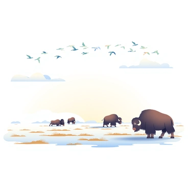 A vast tundra landscape stretches across the image, showcasing a flat terrain with patches of brown grasses and sparse, low shrubs. In the foreground, a group of musk oxen with thick, shaggy fur in shades of brown and black are grazing peacefully. Their large horns curve majestically, and a few of them are positioned closer to the viewer while others are farther away. Above, a flock of migratory birds in varied species is flying in a V-formation across the clear blue sky. The sunlight casts soft shadows on the ground, creating a sense of depth in the serene environment.