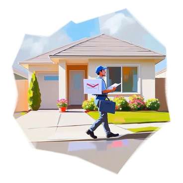 A mailman with a light blue uniform is walking along a sidewalk while holding a white envelope labeled "Mortgage Offer." The envelope is prominently displayed in his hands, and he is wearing a cap and a small satchel on his side. He is delivering the mail to a modern, suburban home with a neatly trimmed lawn. The house features a front porch with flowers in pots, and the sky is clear with a few clouds in the background. The mailman's expression is focused as he approaches the front door of the house.