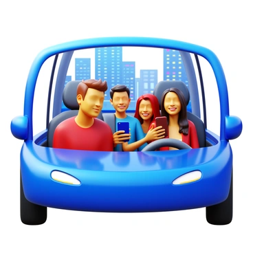 A group of friends using a ride-sharing app in a glossy electric car